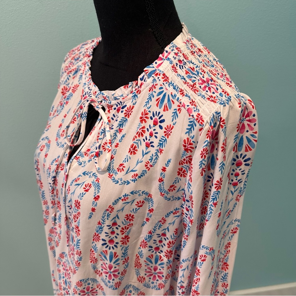 Talbots like-new long sleeve paisley print blouse with smocking detail